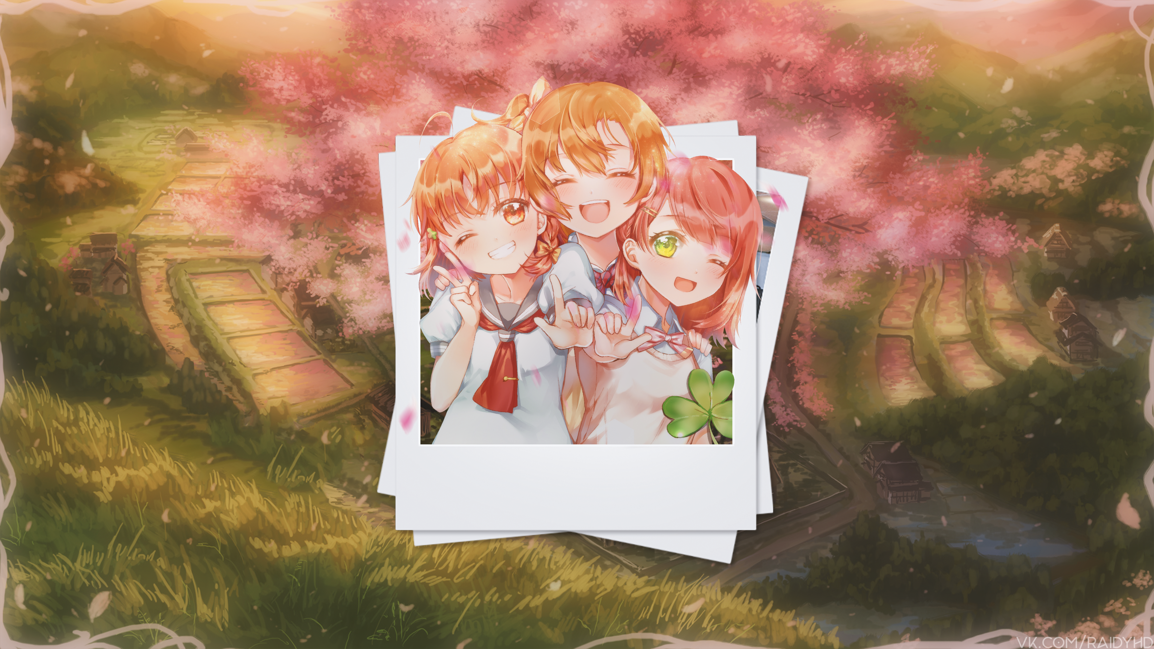 Anime girls in polaroid photos with cherry blossoms HD Wallpaper