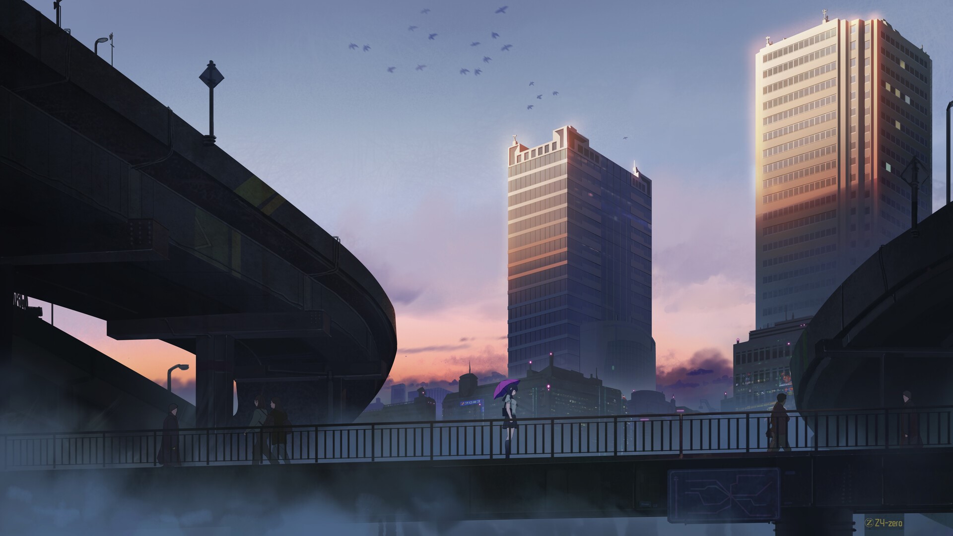 Anime artwork of a city bridge at sunset HD Wallpaper