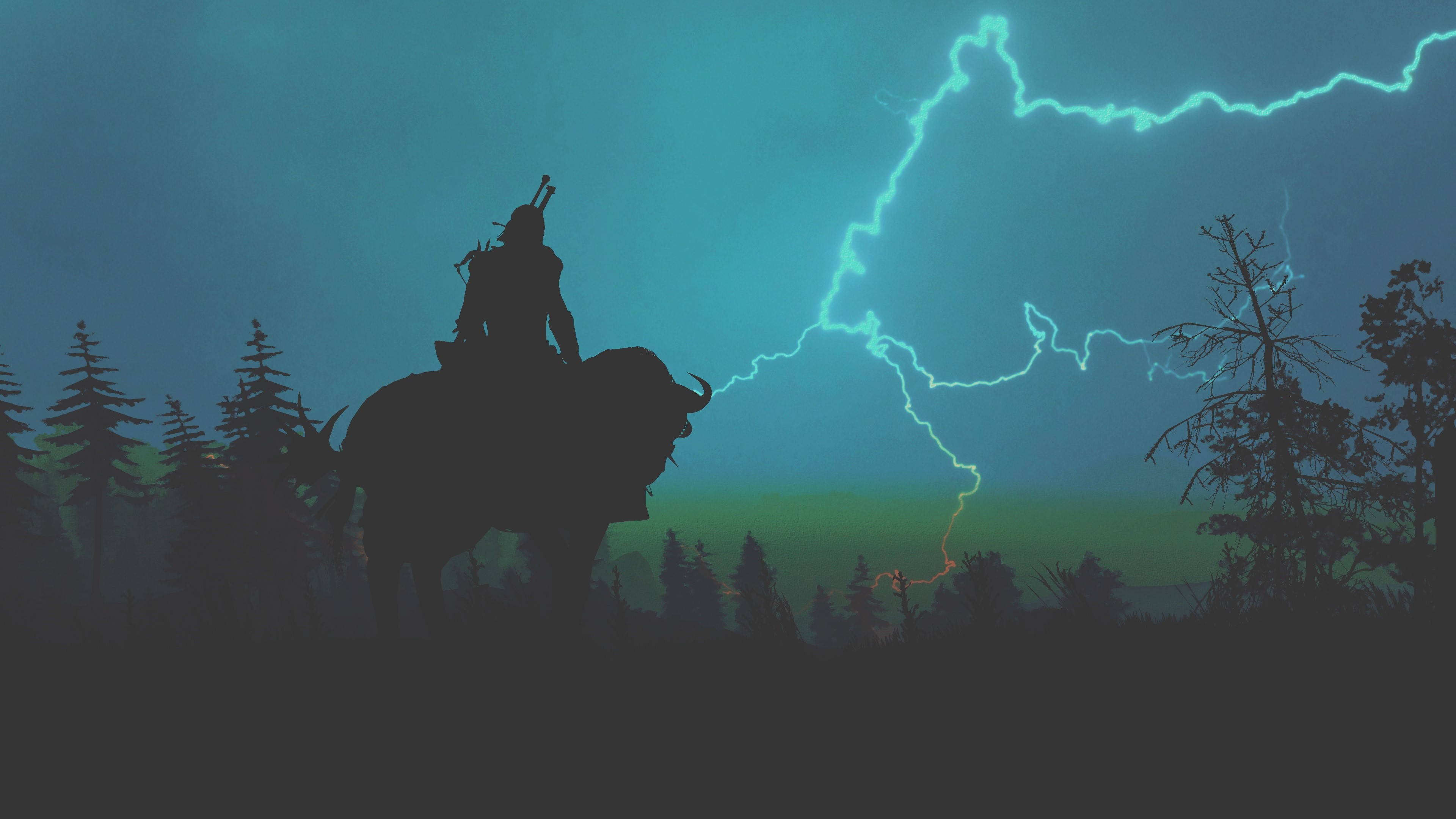Geralt from The Witcher 3 on a beast during lightning HD Wallpaper