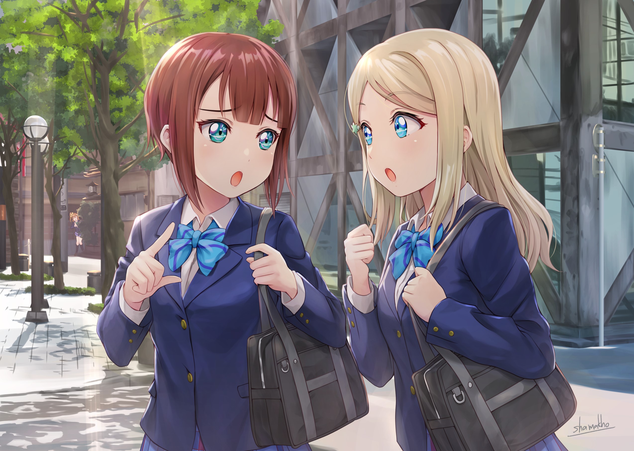 Two anime girls in school uniforms with bags HD Wallpaper