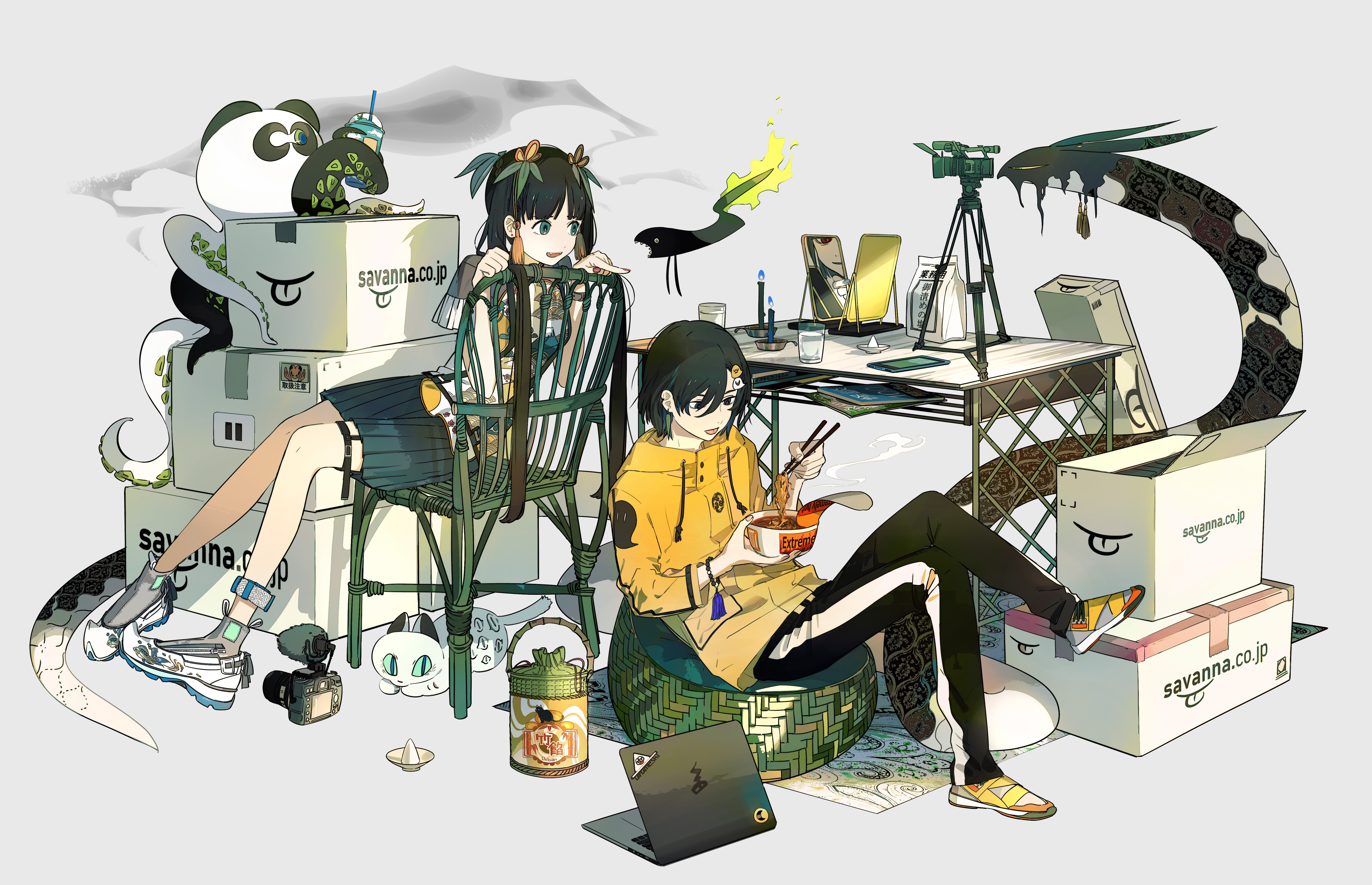 Anime characters with boxes and camera HD Wallpaper