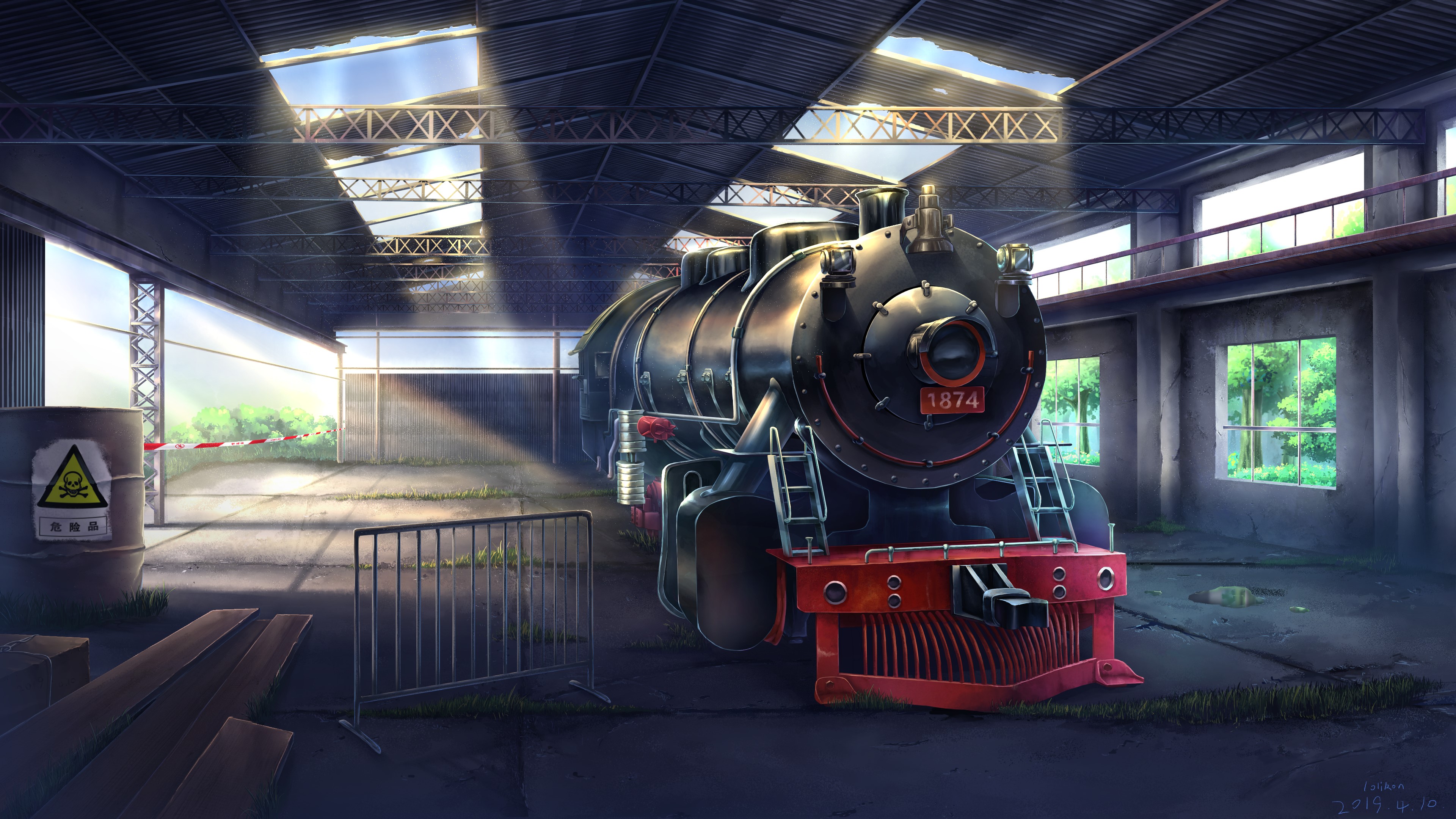 Steam train in a sunlit industrial building HD Wallpaper