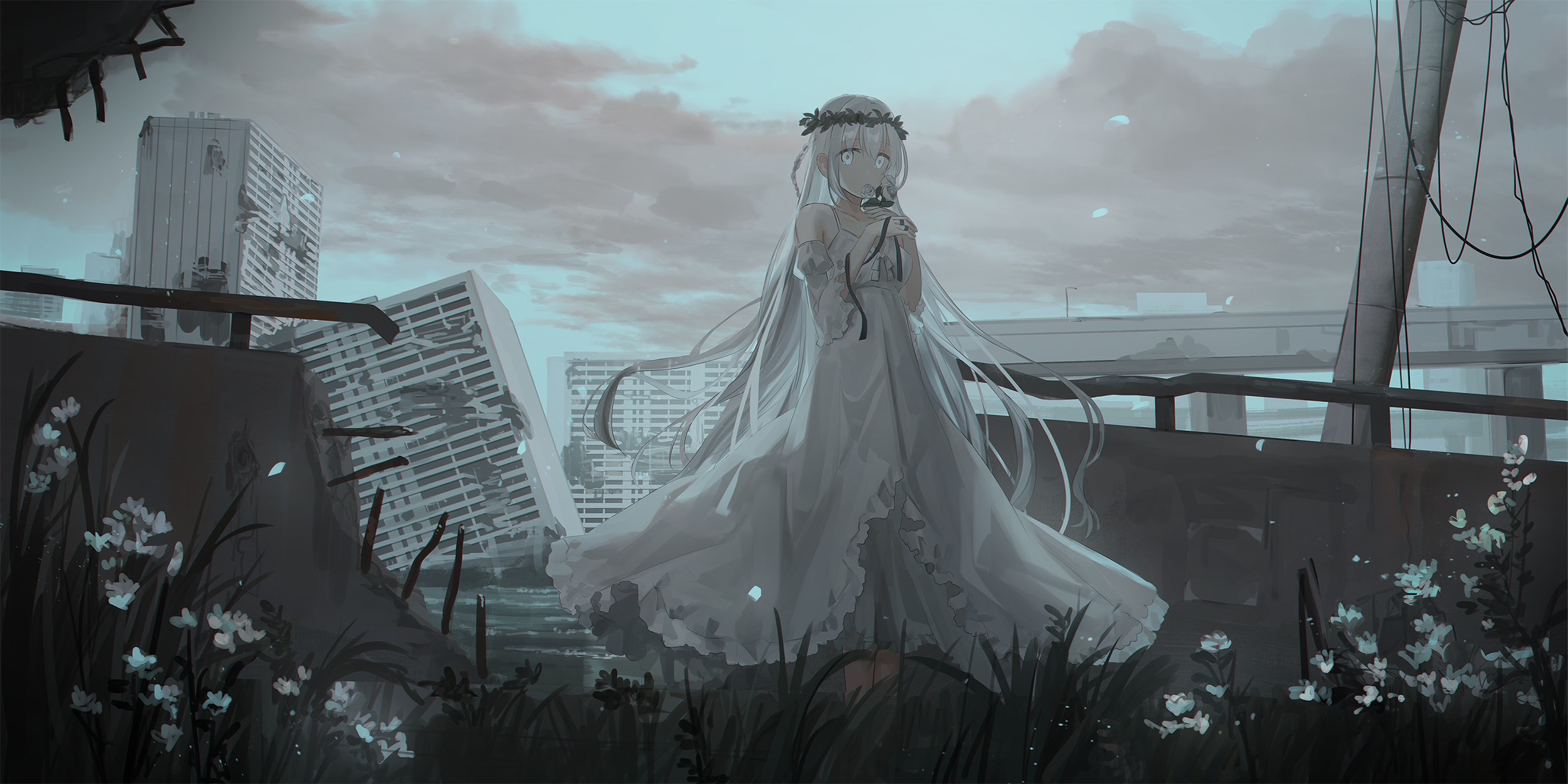 Anime girl in white dress in ruined city HD Wallpaper