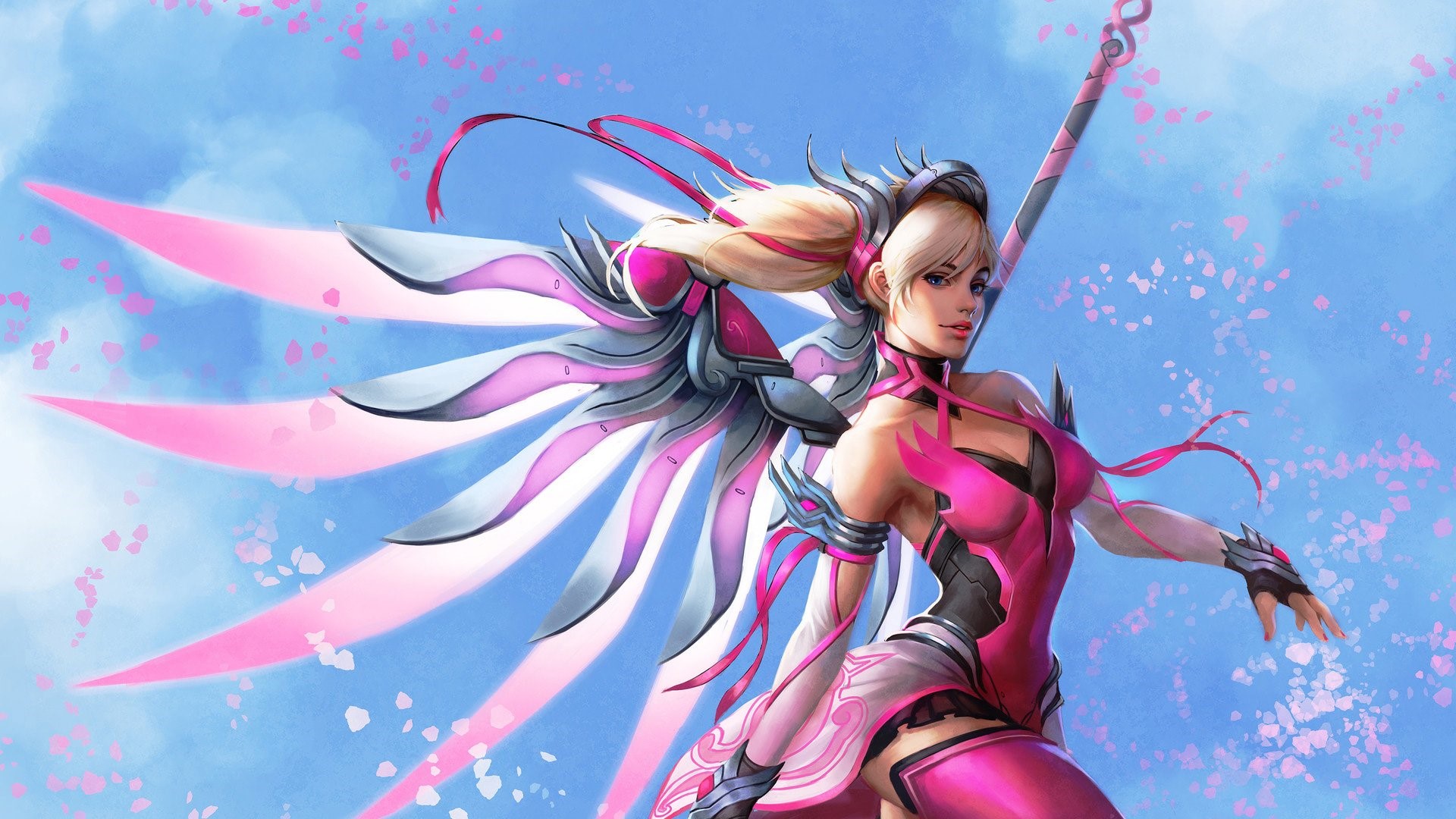 Mercy from Overwatch with pink wings HD Wallpaper