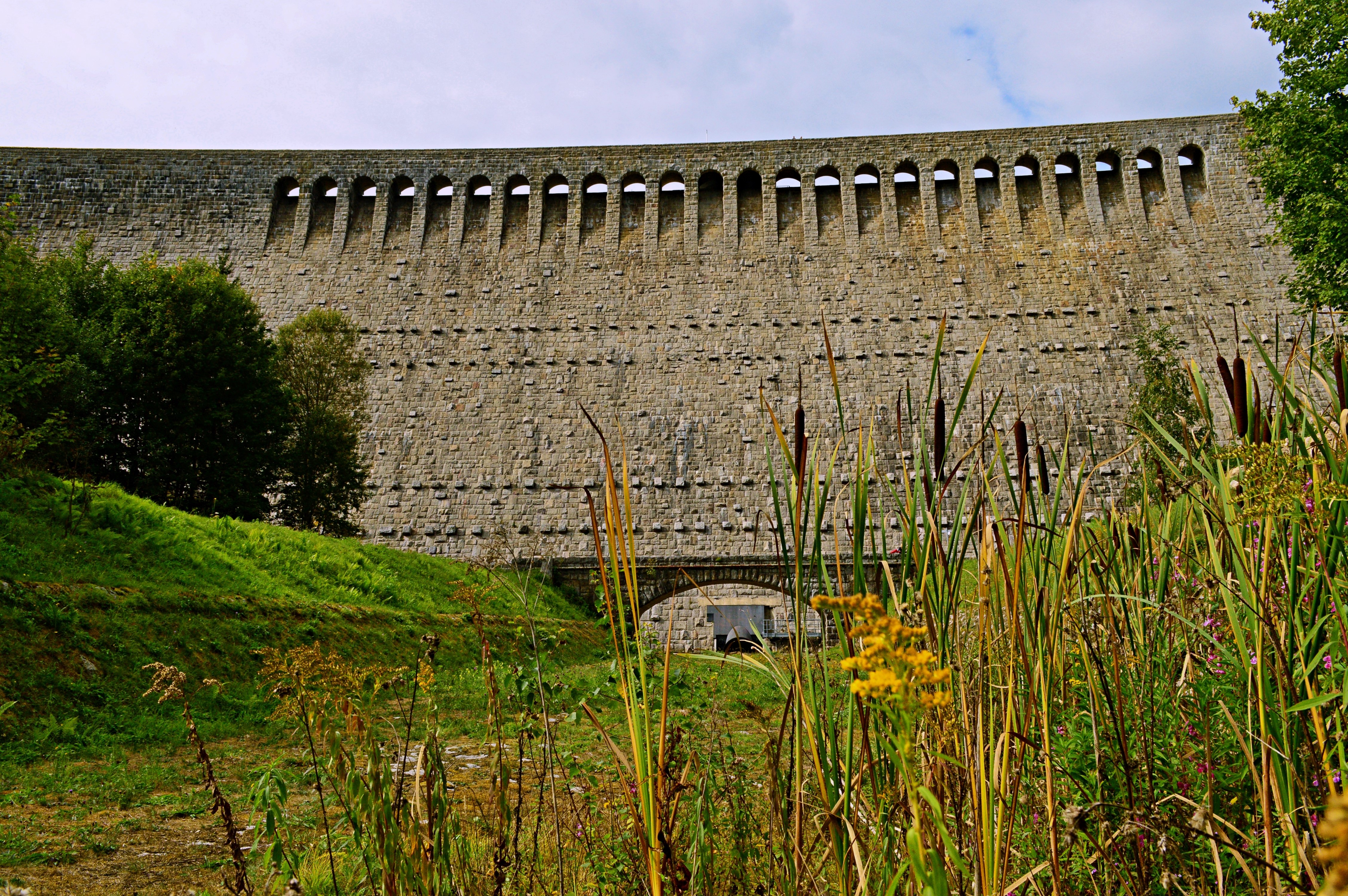 Stone dam with arched windows and reeds in Germany HD Wallpaper