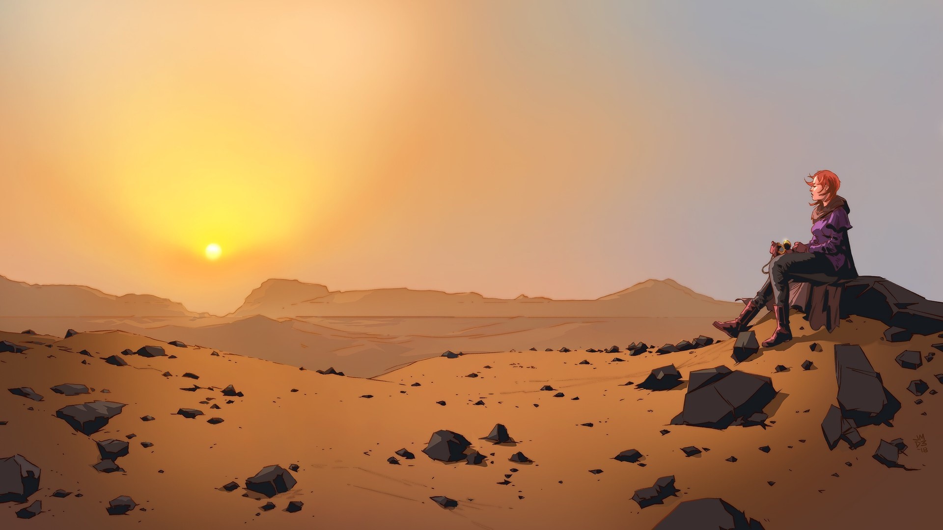 Woman sitting in desert at sunset HD Wallpaper