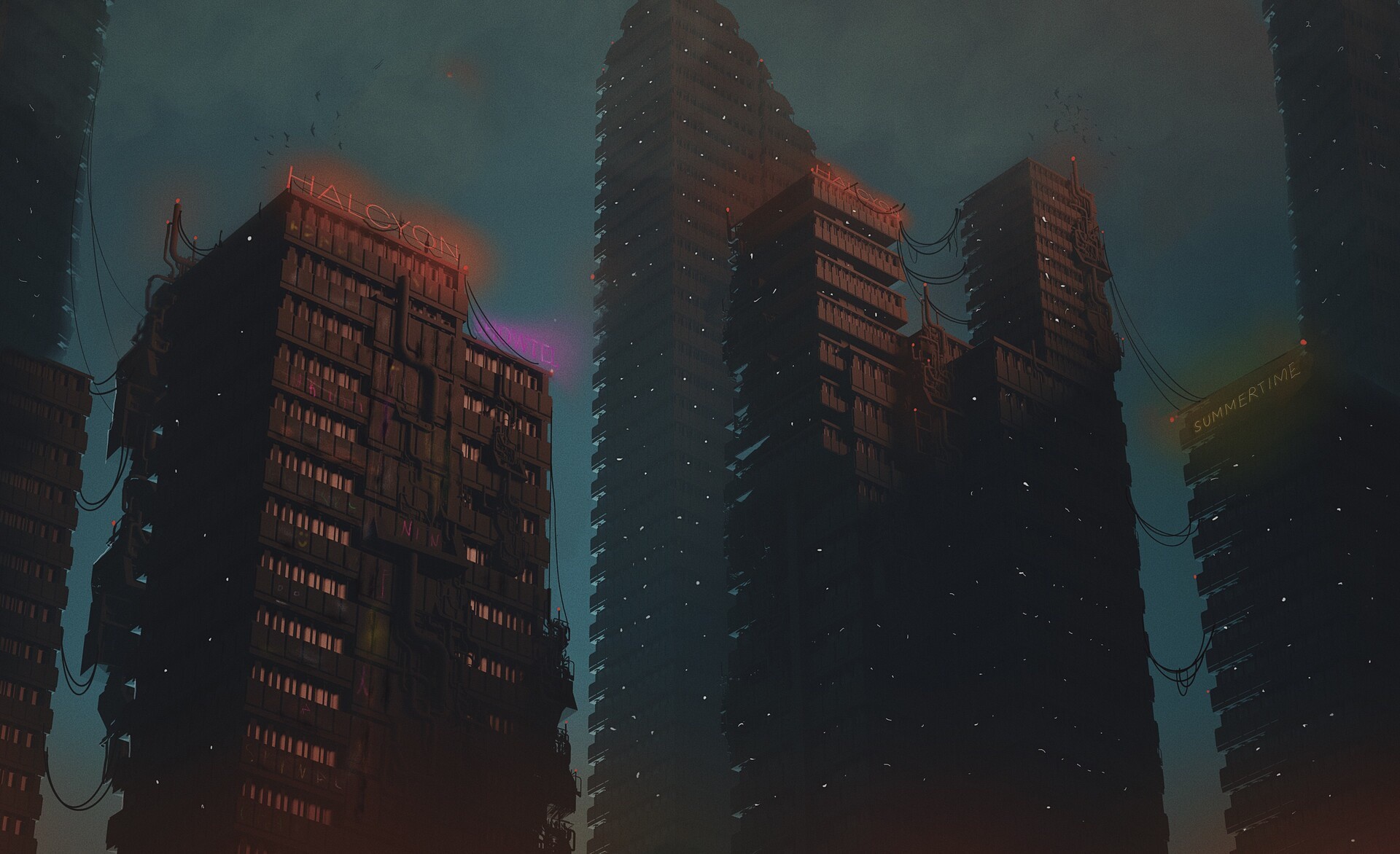 Futuristic city with neon signs HALCYON and SUMMERTIME HD Wallpaper