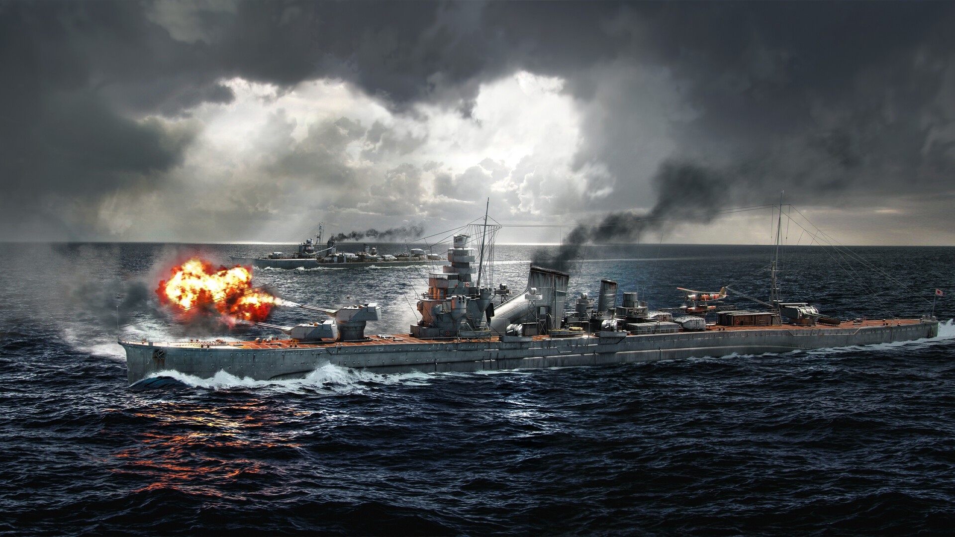 World of Warships naval battle with firing battleship HD Wallpaper