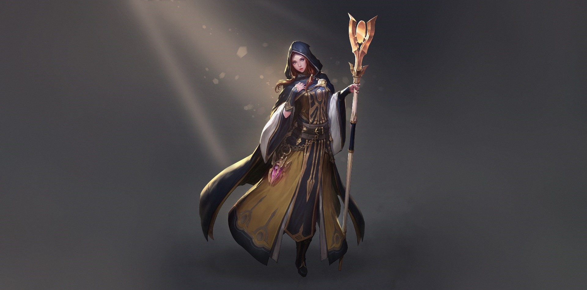 Fantasy girl with staff and cloak HD Wallpaper