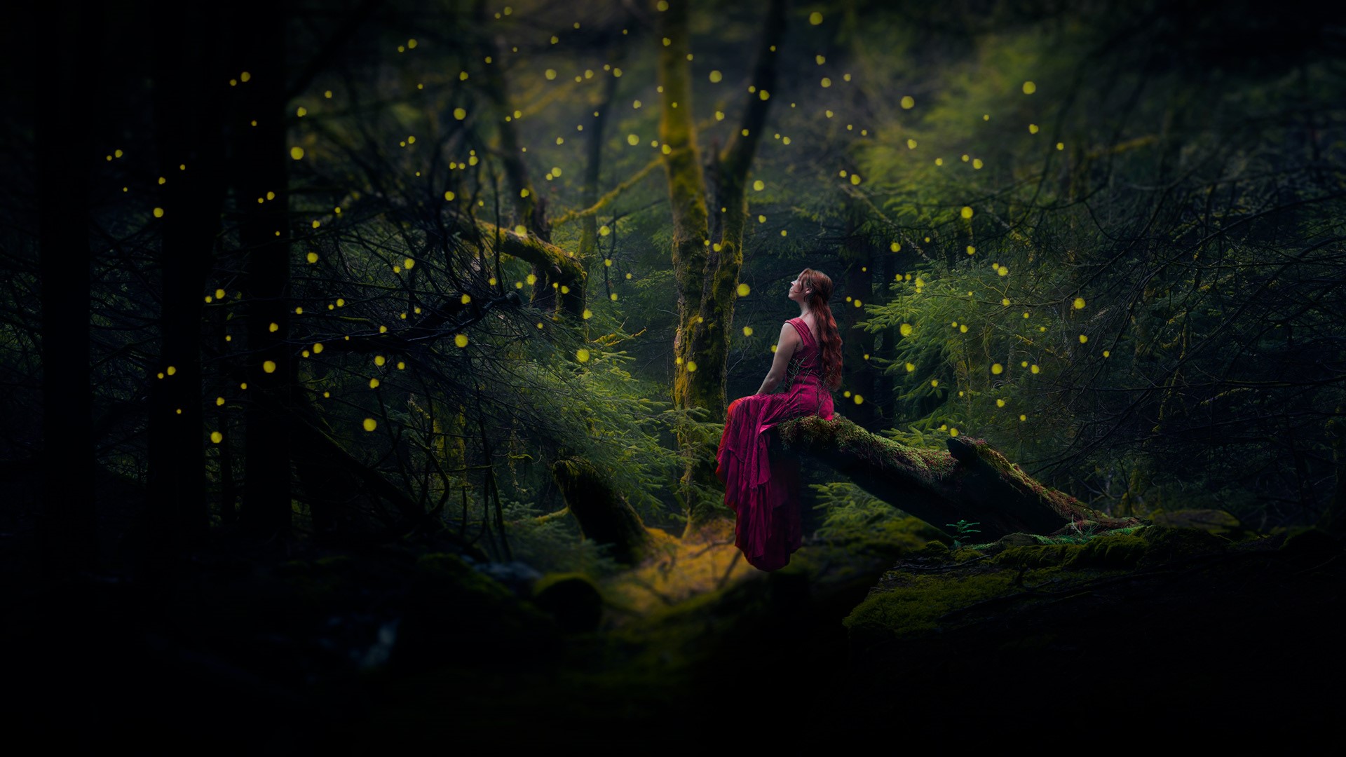 Woman in red dress in a magical forest with glowing lights HD Wallpaper