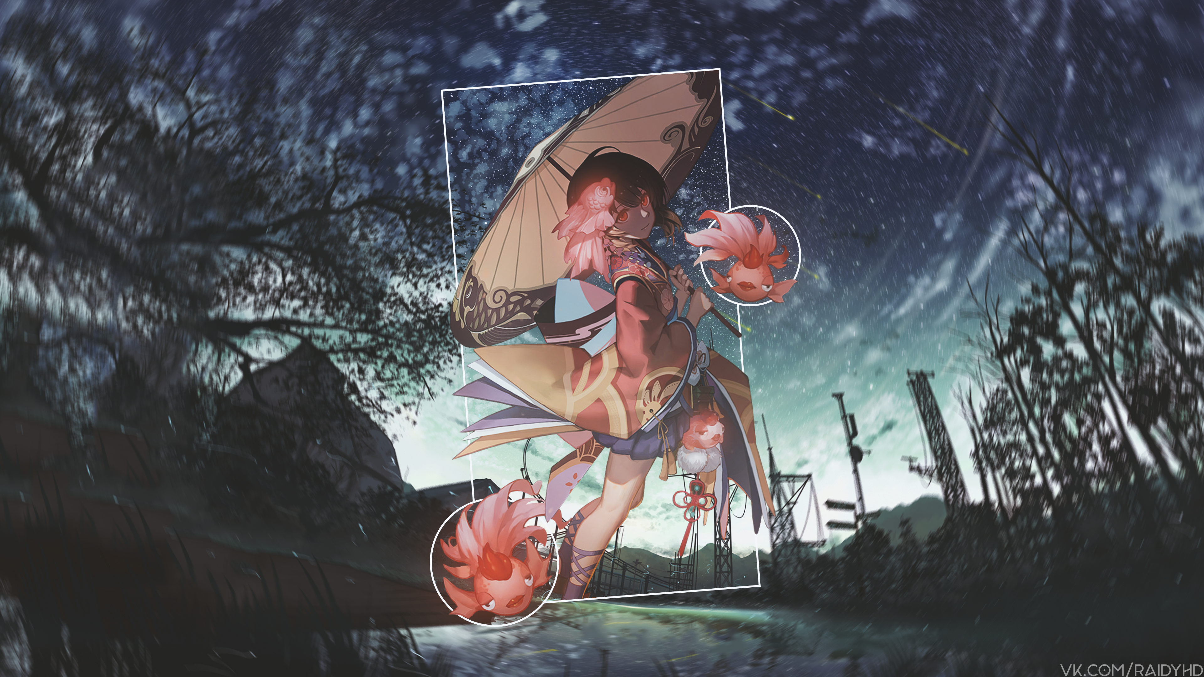 Anime girl with goldfish umbrella HD Wallpaper