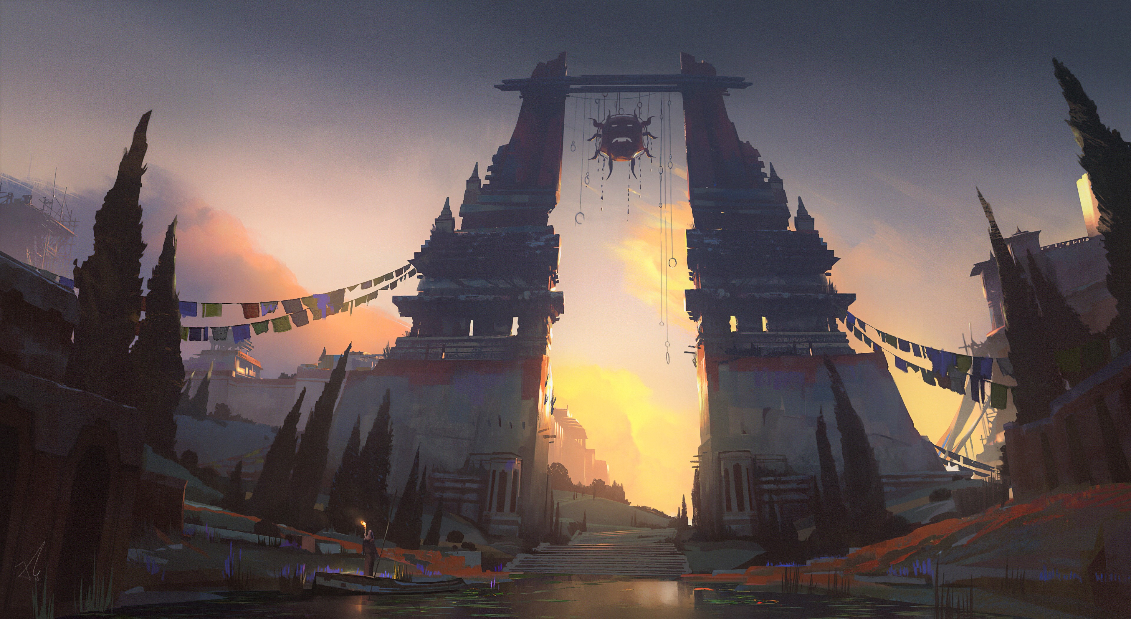 Ancient gates with prayer flags and a strange effigy HD Wallpaper